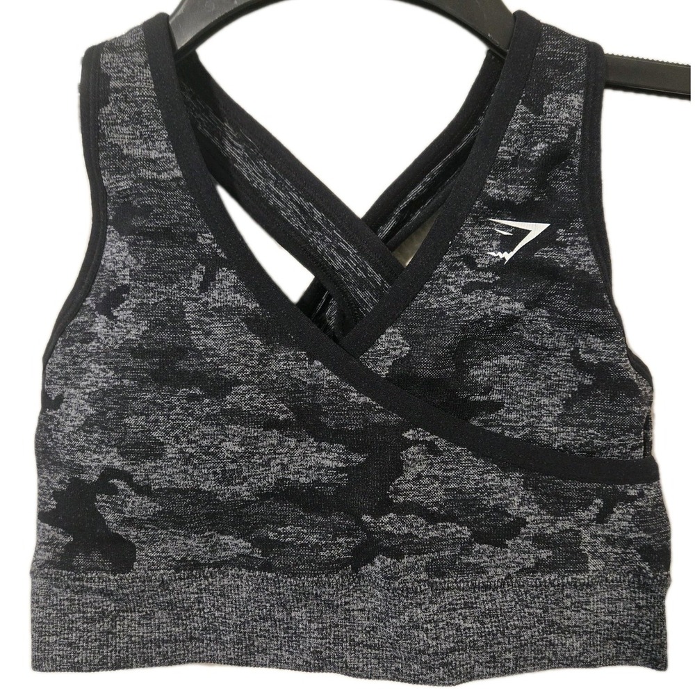 Gymshark Adapt Black/Gray Camo Seamless Criss Cross Strap Sports Bra Inserts XS